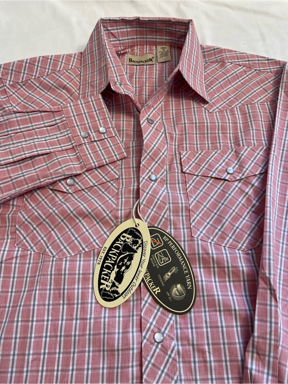 Backpacker NWT Mens Performance Yarn Plaid Western Snap Long Sleeve Shirt Medium